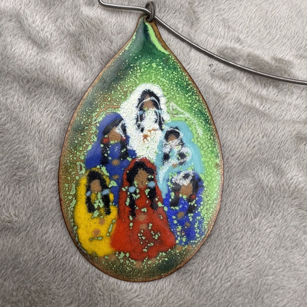 Vintage Copper‎ Enamel Pendant Necklace Ethnic 17"